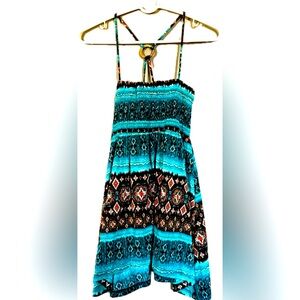 Bohemian Teal and Brown Strappy Vintage Dress by Weavers. Size Medium